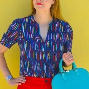 Anthropologie Conversations Blue Multicolor Pencil Blouse Top Size 6